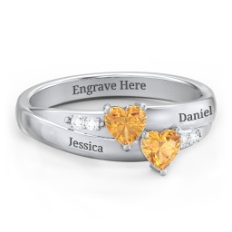 Double Heart Gemstone Ring with Accents in 925 Sterling Silver with Diamond and Citrine