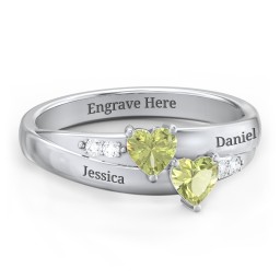 Double Heart Gemstone Ring with Accents in 925 Sterling Silver with Diamond and Peridot