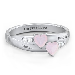 Double Heart Gemstone Ring with Accents in 925 Sterling Silver with Diamond and Opal