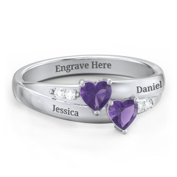 Double Heart Gemstone Ring with Accents in 925 Sterling Silver with Amethyst
