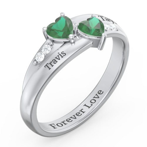 Double Heart Gemstone Ring with Accents – Sterling Silver with Emerald and Cubic Zirconia