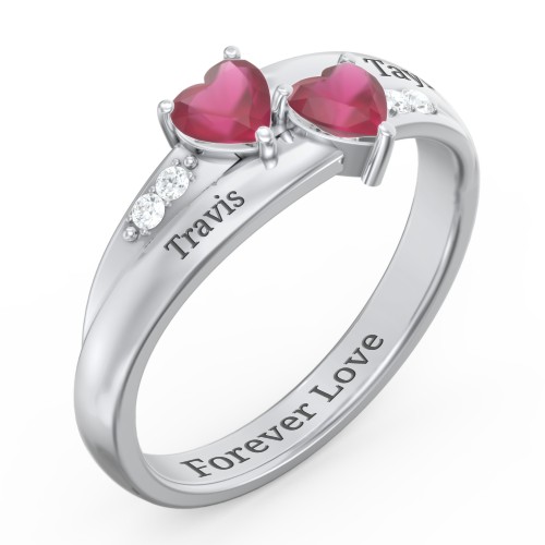 Double Heart Gemstone Ring with Accents – Sterling Silver with Ruby and Cubic Zirconia