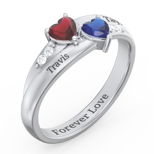 Double Heart Gemstone Ring with Accents – Sterling Silver with Garnet, Blue Sapphire, and Cubic Zirconia