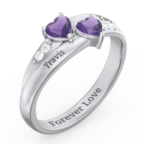 Double Heart Gemstone Ring with Accents – Sterling Silver with Amethyst and Cubic Zirconia