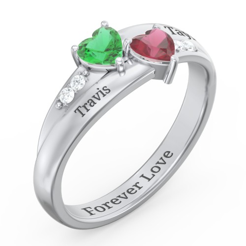 Double Heart Gemstone Ring with Accents – Sterling Silver with Emerald, Ruby, and Cubic Zirconia