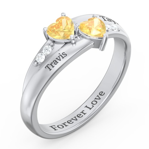 Double Heart Gemstone Ring with Accents – Sterling Silver with Citrine and Cubic Zirconia