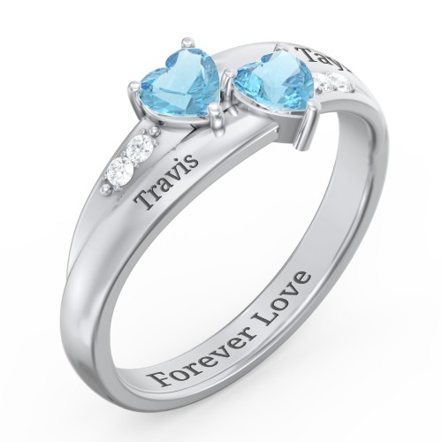 Double Heart Gemstone Ring with Accents – Sterling Silver with Blue Topaz and Cubic Zirconia