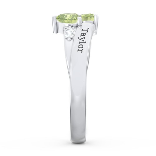 Double Heart Gemstone Ring with Accents – Sterling Silver with Peridot and Cubic Zirconia