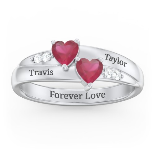 Double Heart Gemstone Ring with Accents – Sterling Silver with Ruby and Cubic Zirconia
