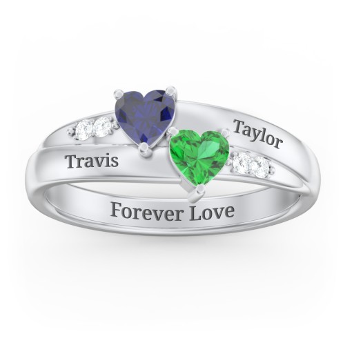 Double Heart Gemstone Ring with Accents – Sterling Silver with Blue Sapphire, Emerald, and Cubic Zirconia