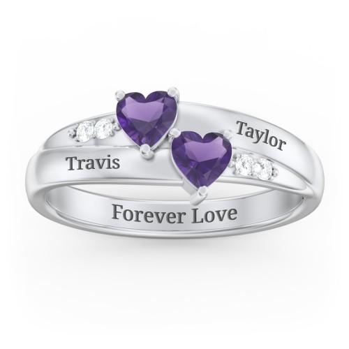 Double Heart Gemstone Ring with Accents – Sterling Silver with Amethyst and Cubic Zirconia