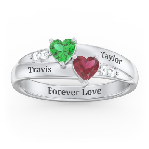 Double Heart Gemstone Ring with Accents – Sterling Silver with Emerald, Ruby, and Cubic Zirconia