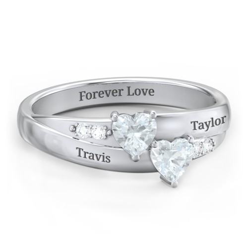 Double Heart Gemstone Ring with Accents – Sterling Silver with Aquamarine and Cubic Zirconia