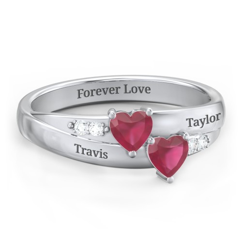 Double Heart Gemstone Ring with Accents – Sterling Silver with Ruby and Cubic Zirconia