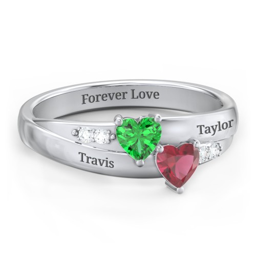 Double Heart Gemstone Ring with Accents – Sterling Silver with Emerald, Ruby, and Cubic Zirconia