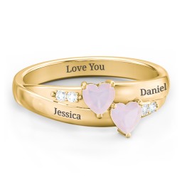 Double Heart Gemstone Ring with Accents in 10K Solid Yellow Gold with Opal