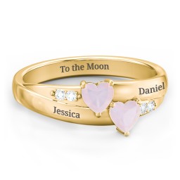 Double Heart Gemstone Ring with Accents in 10K Solid Yellow Gold with Opal