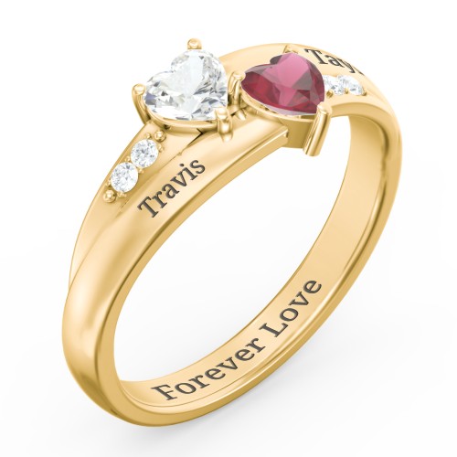 Double Heart Gemstone Ring with Accents – 10K Yellow Gold with Cubic Zirconia and Ruby