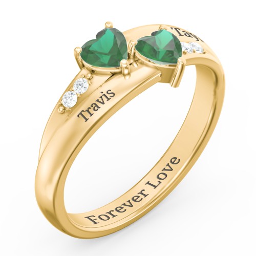 Double Heart Gemstone Ring with Accents – 10K Yellow Gold with Emerald and Cubic Zirconia