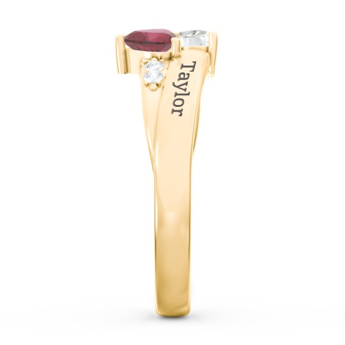 Double Heart Gemstone Ring with Accents – 10K Yellow Gold with Cubic Zirconia and Ruby
