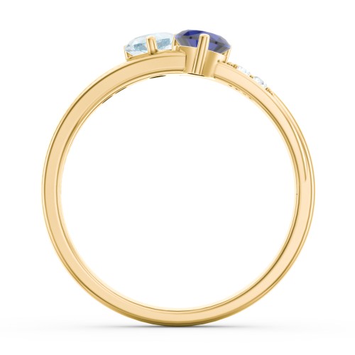 Double Heart Gemstone Ring with Accents – 10K Yellow Gold with Aquamarine, Blue Sapphire, and Cubic Zirconia