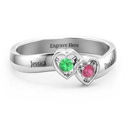 Double Interlocked Hearts Ring in 925 Sterling Silver with Emerald and Ruby