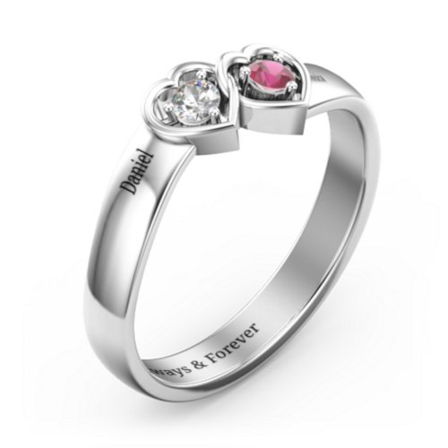 Double Interlocked Hearts Ring – Sterling Silver with Cubic Zirconia and Ruby