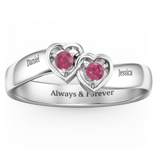 Double Interlocked Hearts Ring – Sterling Silver with Ruby