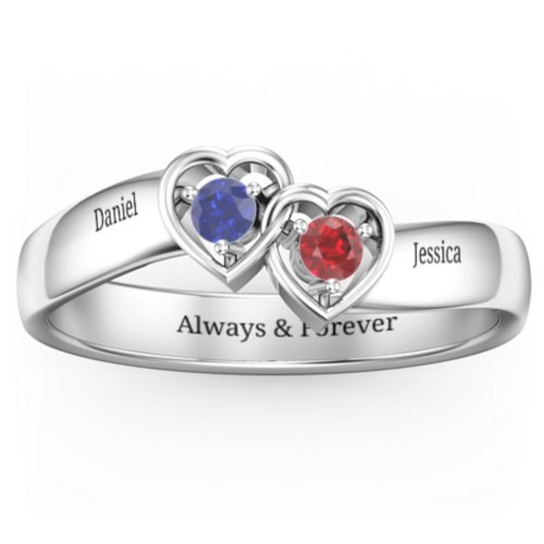 Double Interlocked Hearts Ring – Sterling Silver with Blue Sapphire and Garnet