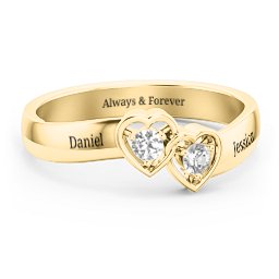 Double Interlocked Hearts Ring in 10K Solid Yellow Gold with Diamond