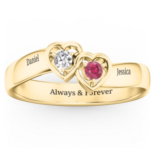 Double Interlocked Hearts Ring – 10K Yellow Gold with Cubic Zirconia and Ruby