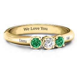 Triple Round Stone Ring in 10K Solid Yellow Gold with Emerald and White Premium Zirconia