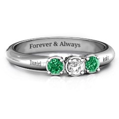Triple Round Stone Ring – Sterling Silver with Emerald and Cubic Zirconia
