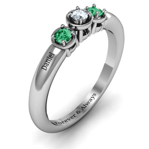 Triple Round Stone Ring – Sterling Silver with Emerald and Cubic Zirconia