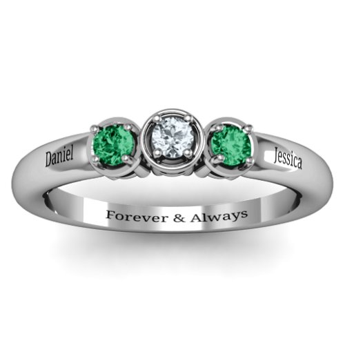 Triple Round Stone Ring – Sterling Silver with Emerald and Cubic Zirconia