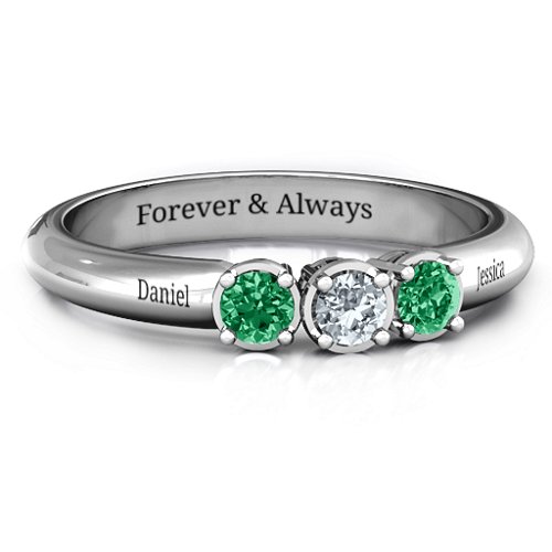 Triple Round Stone Ring – Sterling Silver with Emerald and Cubic Zirconia