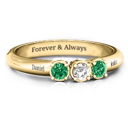 Triple Round Stone Ring in 10K Solid Yellow Gold with Emerald and White Premium Zirconia