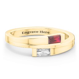 Double Baguette Bypass Ring in 14K Solid Yellow Gold with Garnet and Cubic Zirconia