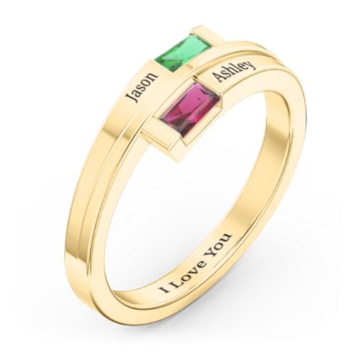 Double Baguette Bypass Ring – 10K Yellow Gold with Emerald and Ruby