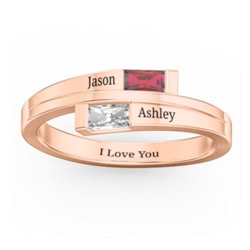 Double Baguette Bypass Ring – 10K Rose Gold with Garnet and Cubic Zirconia