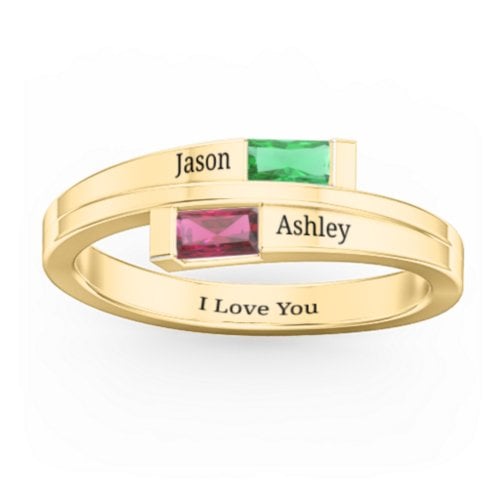 Double Baguette Bypass Ring – 10K Yellow Gold with Emerald and Ruby