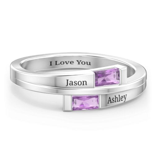 Double Baguette Bypass Ring – Sterling Silver with Amethyst