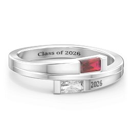 Double Baguette Bypass Ring in 925 Sterling Silver with Garnet and Cubic Zirconia