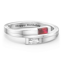 Double Baguette Bypass Ring in 925 Sterling Silver with Garnet and Cubic Zirconia