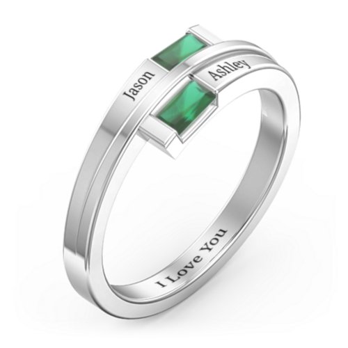 Double Baguette Bypass Ring – Sterling Silver with Emerald