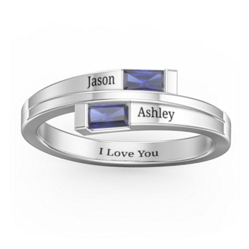 Double Baguette Bypass Ring – Sterling Silver with Blue Sapphire