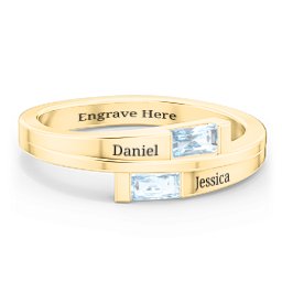 Double Baguette Bypass Ring in 10K Solid Yellow Gold with Aquamarine