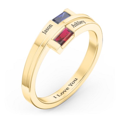 Double Baguette Bypass Ring – 10K Yellow Gold with Blue Sapphire and Garnet