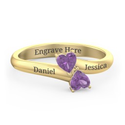 Inverted Twin Heart Ring in 18K Gold Plated Silver with Amethyst