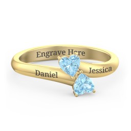 Inverted Twin Heart Ring in 18K Gold Plated Silver with Blue Topaz